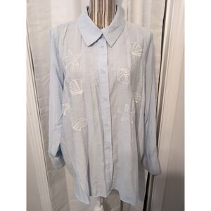 Sweet Rain Women's Long Sleeve Embroidered Seashell Button Up‎ Blouse 2XL Beach